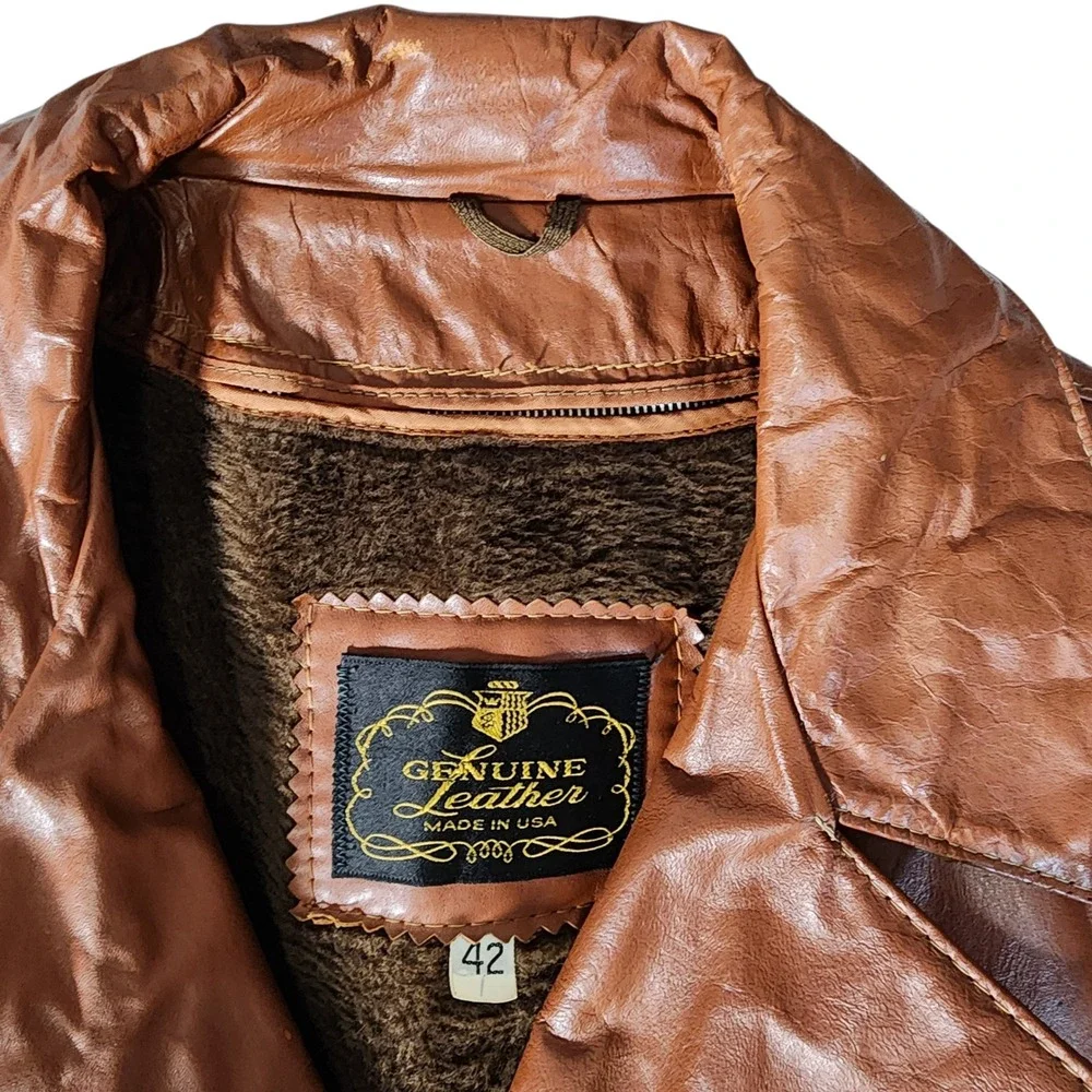 Vintage Genuine Leather Blazer Jacket Men's 42 Brown Faux Fur Lined Made in USA‎